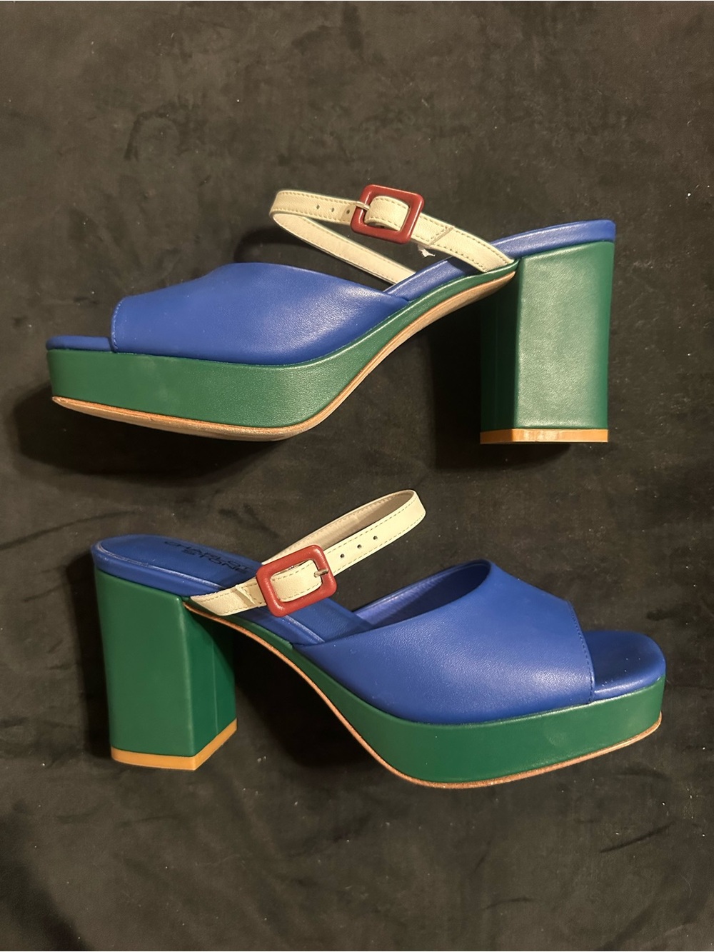 Charlotte Stone Babette size 9 Blue and Green Platform Sandals with Ivory Strap